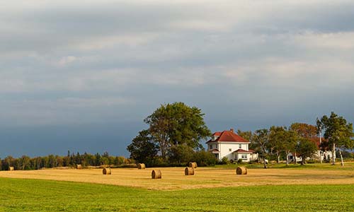 An old hay barn with a page wire fence in the foreground