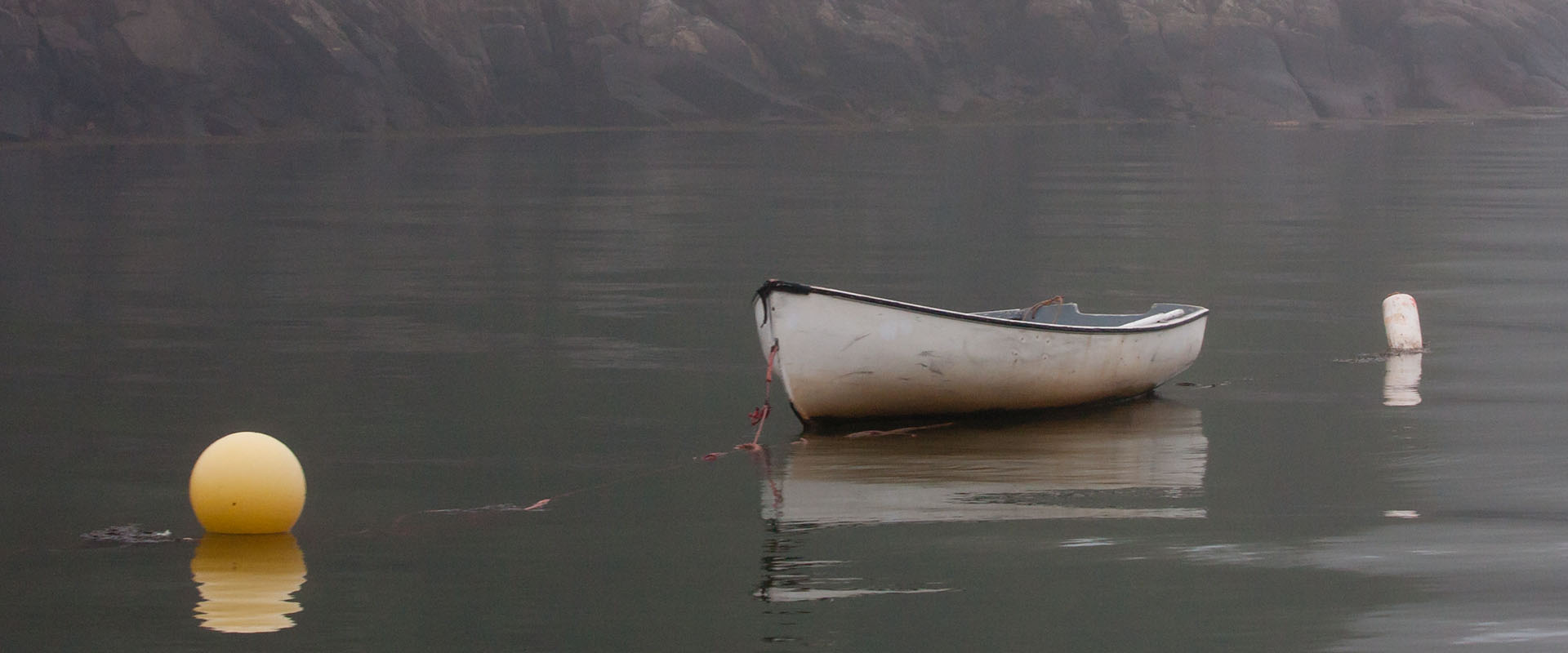 A fisherman's dory at anchor in the morning fog